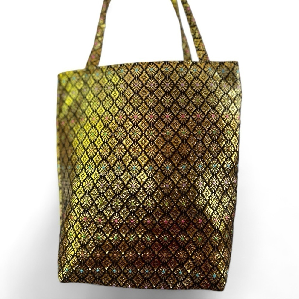 Thai Silk Made in Thailand Metallic Gold MCM Patterned Zippered Mini Tote Purse